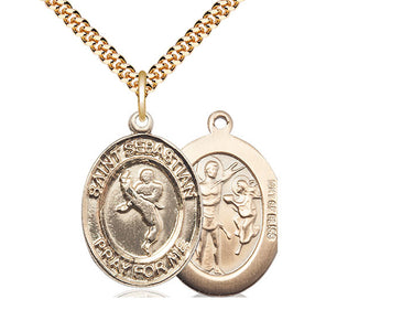 14kt gold filled St. Sebastian patron saint medal necklace, 1 inch by 3/4 inch on 24 inch curb chain, handcrafted by Bliss USA