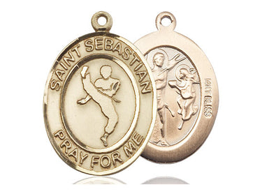 14kt solid gold St. Sebastian patron saint medal pendant, 1x3/4 inch medium size, handcrafted by Bliss Manufacturing USA