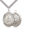 Sterling silver St Sebastian Skiing medal necklace 1 inch pendant 24 inch chain handcrafted by Bliss Manufacturing USA