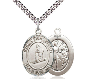 Sterling silver St Sebastian Skiing medal necklace 1 inch pendant 24 inch chain handcrafted by Bliss Manufacturing USA