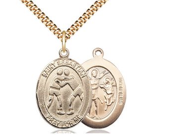 14kt Gold Filled St. Sebastian Wrestling Medal Necklace, 1 x 3/4 inch pendant with 24 inch chain, handcrafted by Bliss Manufacturing USA