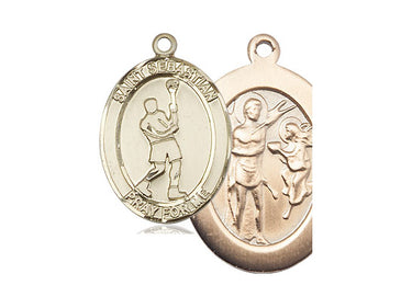 14kt solid gold St. Sebastian lacrosse medal pendant, 1 inch by 3/4 inch, handmade in USA by Bliss Manufacturing