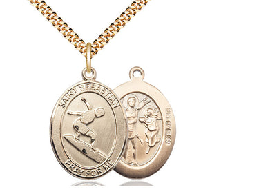 14kt Gold Filled St. Sebastian Surfing Medal Necklace 1 x 3/4 inches 24 inch Curb Chain Bliss USA