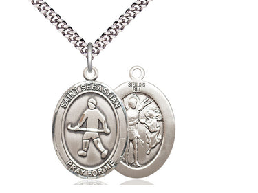 Sterling Silver St. Sebastian Field Hockey Medal Necklace 1x3/4 inch with 24 inch chain by Bliss