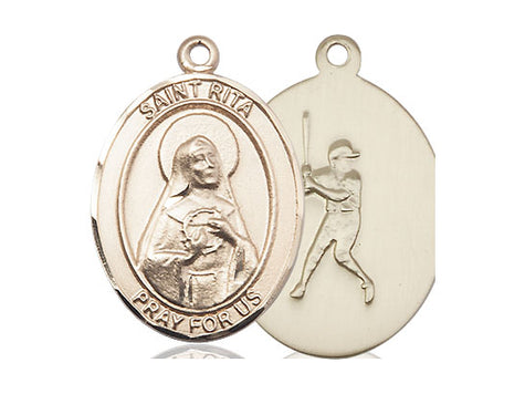 14kt Solid Gold St. Rita Baseball Medal Pendant - 1x3/4 inch by Bliss Manufacturing