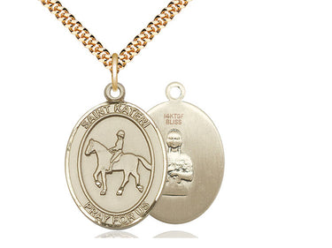 14kt Gold Filled St. Kateri Equestrian Medal Necklace 1 x 3/4 inch pendant with 24 inch chain by Bliss Manufacturing