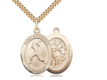 14kt Gold Filled St. Sebastian Softball Medal Necklace 1 inch by 3/4 inch on 24 inch chain by Bliss