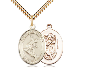 14kt Gold Filled St. Christopher Patron Saint Medal Necklace with Surfing Motif 1 x 3/4 inch on 24 inch Chain by Bliss
