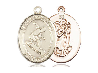 14kt Solid Gold St. Christopher Patron Saint Medal Pendant with Surfing Motif 1 x 3/4 inch Handcrafted by Bliss