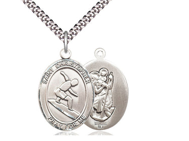 Sterling Silver St. Christopher Patron Saint Medal Necklace with Surfing Motif 1 x 3/4 inch on 24 inch Chain by Bliss
