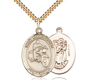 14kt gold filled St. Christopher motorcycle medal necklace with 1 x 3/4 inch pendant on 24 inch chain by Bliss