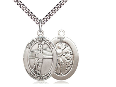 Sterling Silver St. Sebastian Volleyball Medal Necklace, 1x3/4 inch pendant with 24 inch chain, Bliss