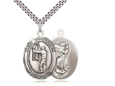 Sterling silver St. Christopher archery patron saint medal necklace with 24 inch chain by Bliss