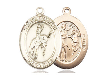 14kt solid gold St. Sebastian rodeo medal pendant 1 inch by 3/4 inch handcrafted by Bliss Manufacturing USA