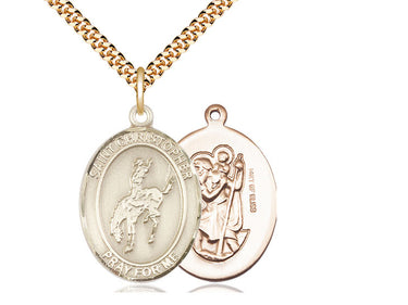 14kt Gold Filled St. Christopher Rodeo Medal Necklace with 24 inch chain, 1 by 3/4 inch pendant, handcrafted in USA by Bliss