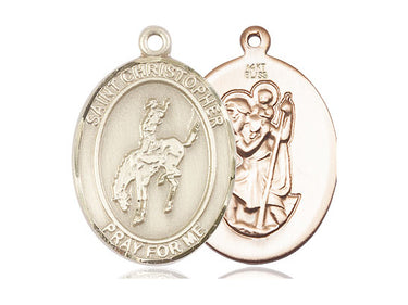 14kt solid gold St. Christopher rodeo medal pendant, 1 inch by 3/4 inch, handcrafted by Bliss Manufacturing