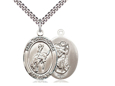 Sterling silver St. Christopher rodeo medal necklace 1 inch pendant with 24 inch curb chain by Bliss Manufacturing