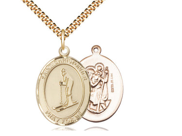 14kt Gold Filled St. Christopher Skiing Medal Necklace 1 inch by 3/4 inch with 24 inch Chain by Bliss