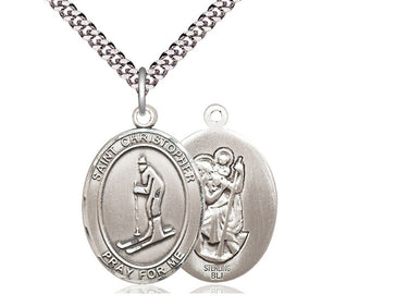 Sterling Silver St. Christopher Skiing Medal Necklace 1 inch by 3/4 inch on 24 inch chain by Bliss