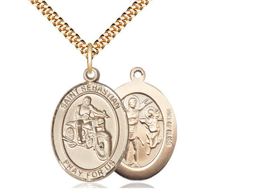 14kt Gold Filled St. Sebastian Motorcycle Medal Necklace 1 inch x 3/4 inch with 24 inch chain by Bliss