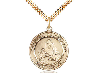 14kt gold filled Madonna Del Ghisallo medal necklace with 24 inch curb chain, handcrafted by Bliss