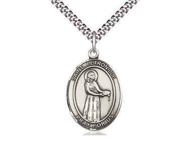 Sterling silver St. Petronille patron saint medal necklace, 1x3/4 inch pendant on 24 inch curb chain, handcrafted by Bliss Manufacturing