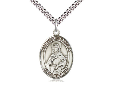 Sterling Silver St. Alexandra Patron Saint Medal Necklace 1 inch by 3/4 inch Medium on 24 inch Chain Handcrafted by Bliss