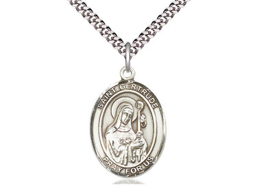 Medium Sterling Silver St. Gertrude of Nivelles patron saint medal necklace with 24 inch curb chain, handcrafted by Bliss Manufacturing USA