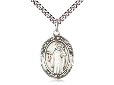 Sterling Silver St. Joseph the Worker patron saint medal necklace 1 inch by 3/4 inch on 24 inch curb chain by Bliss Manufacturing