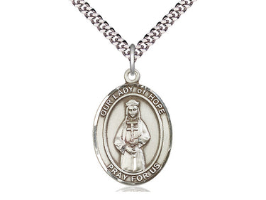 Sterling silver Our Lady of Hope medal necklace with 1 x 3/4 inch pendant on 24 inch chain by Bliss