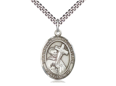 Sterling Silver St. Bernard of Clairvaux Patron Saint Medal Necklace - Medium 1x3/4 inch Pendant on 24 inch Chain - Bliss USA Made