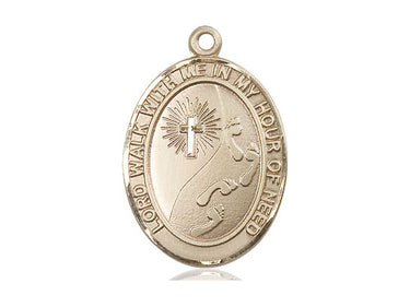 14kt solid gold footprints cross medal pendant, 1 x 3/4 inches, handcrafted in USA by Bliss