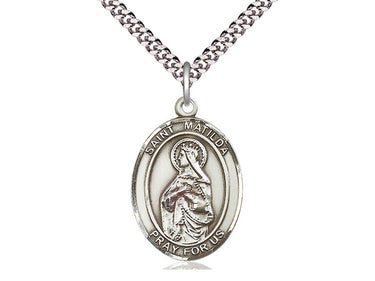 Sterling Silver St. Matilda patron saint medal necklace with 24 inch chain, 1 x 3/4 inch pendant, handcrafted by Bliss Manufacturing