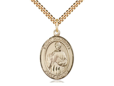 14kt gold filled St. Placidus patron saint medal necklace, 1x3/4 inch pendant on 24 inch curb chain, handcrafted by Bliss Manufacturing
