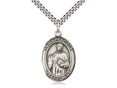 Sterling silver St. Placidus patron saint medal necklace, 1x3/4 inch pendant on 24 inch curb chain, handcrafted by Bliss Manufacturing