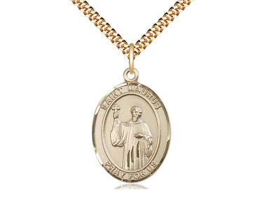 14kt Gold Filled St. Maurus patron saint medal necklace with 24 inch chain, 1 x 3/4 inch pendant, handcrafted by Bliss Manufacturing