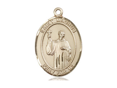14kt solid gold St. Maurus patron saint medal pendant 1 inch by 3/4 inch handcrafted by Bliss Manufacturing USA