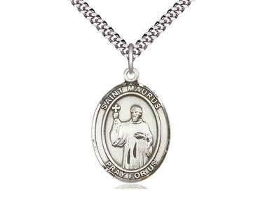 Sterling Silver St. Maurus patron saint medal necklace with 24 inch chain, 1 x 3/4 inch pendant, handcrafted by Bliss Manufacturing