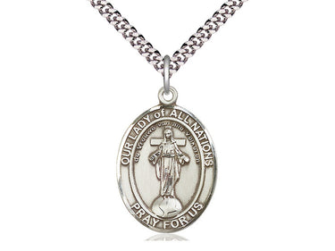 Sterling Silver Our Lady of All Nations Medal Necklace 1 inch by 3/4 inch with 24 inch chain handmade by Bliss
