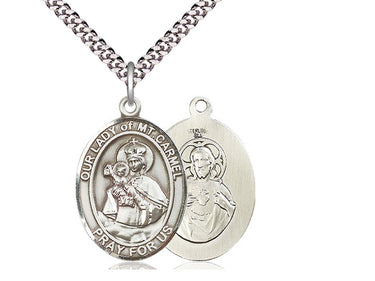 Sterling Silver Our Lady of Mount Carmel Catholic medal necklace with 24 inch chain handcrafted by Bliss Manufacturing