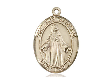 14kt solid gold medium Our Lady of Peace medal pendant 1 x 3/4 inch handcrafted by Bliss Manufacturing USA
