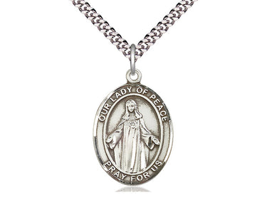 Sterling Silver Our Lady of Peace Medal Necklace, 1 x 3/4 inch pendant on 24 inch chain, handmade in USA by Bliss
