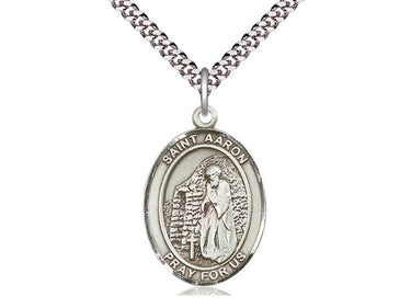 Sterling silver St. Aaron patron saint medal necklace with 24 inch curb chain, handcrafted by Bliss