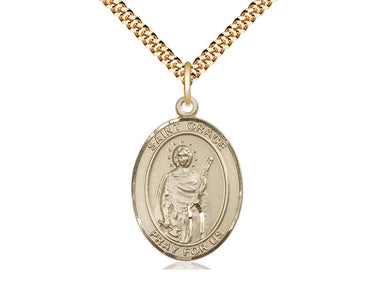 14kt gold filled St. Grace patron saint medal necklace, 1 x 3/4 inch medal, 24 inch curb chain, Bliss USA