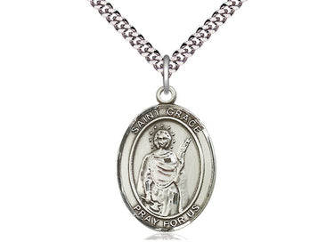 Sterling Silver St. Grace Medal Necklace 1 inch x 3/4 inch Medium Pendant 24 inch Chain Bliss