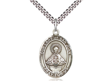 Sterling Silver Our Lady of San Juan Catholic Medal Necklace 1 inch by 3/4 inch on 24 inch Chain by Bliss Manufacturing