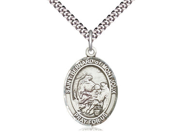 Sterling silver St. Bernard of Montjoux patron saint medal necklace, 1 inch pendant, 24 inch curb chain, handcrafted by Bliss USA
