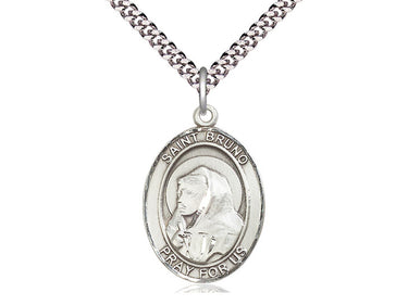 Sterling silver St. Bruno patron saint medal necklace, 1 inch pendant, 24 inch curb chain, handcrafted by Bliss USA