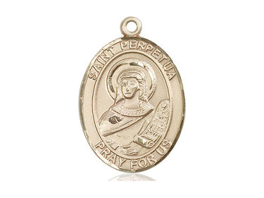 14kt solid gold St. Perpetua patron saint medal pendant 1 inch by 3/4 inch, handcrafted by Bliss Manufacturing USA