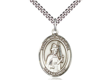 Sterling Silver St. Wenceslaus Catholic patron saint medal necklace 1x3/4 inch with 24 inch chain Bliss USA
